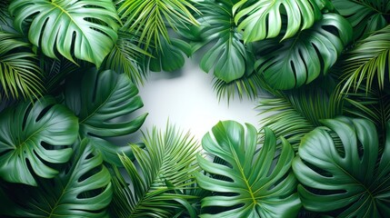 Tropical Green Leaves Background. Lush tropical green leaves forming a natural frame, creating a vibrant and fresh botanical background.