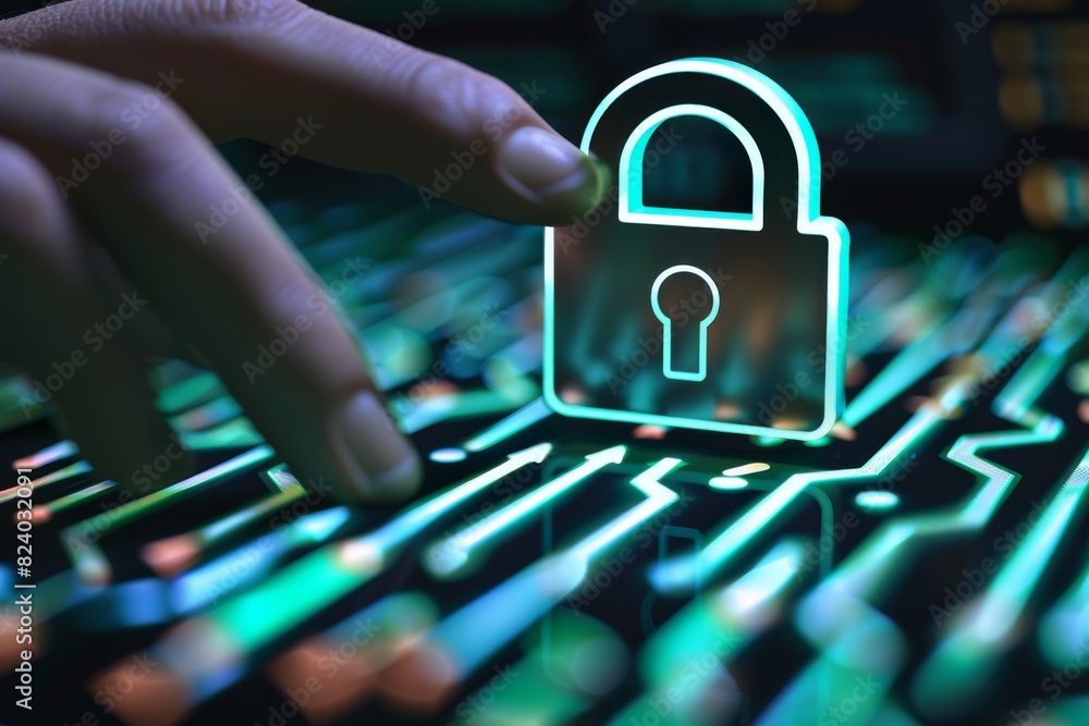 Poster hand interacting with a digital padlock, highlighting secure cloud technology and data protection in
