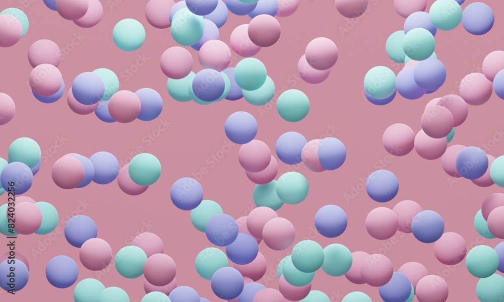 Poster pink abstract background with flying colored balls. 3d rendering