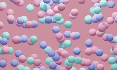 Pink abstract background with flying colored balls. 3d rendering