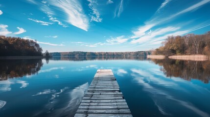 Obraz premium A wooden dock extending into the calm waters of a lake surrounded by nature
