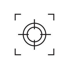 Focus of camera. Icon of frame, lens, capture and target of camera. Symbol of photo and video. Graphic outline logo for photographer, snap and film. Pictogram isolated on white background. Vector.
