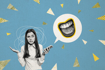 Naklejka premium Composite photo collage of young girl hold iphone receive threat message grin mouth cyberbully hate concept isolated on painted background