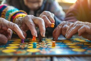 elderly hands moving game piece on board family enjoying shared activity closeup photo