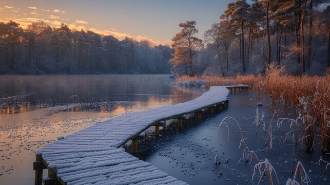 A frosty boardwalk glistens over Pudmore Pond in the early morning winter sun at Thursley Nature Reserve in Surrey, 