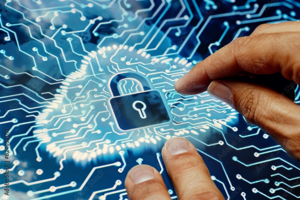 Poster hands interacting with a digital cloud lock, representing robust cloud security measures and data pr