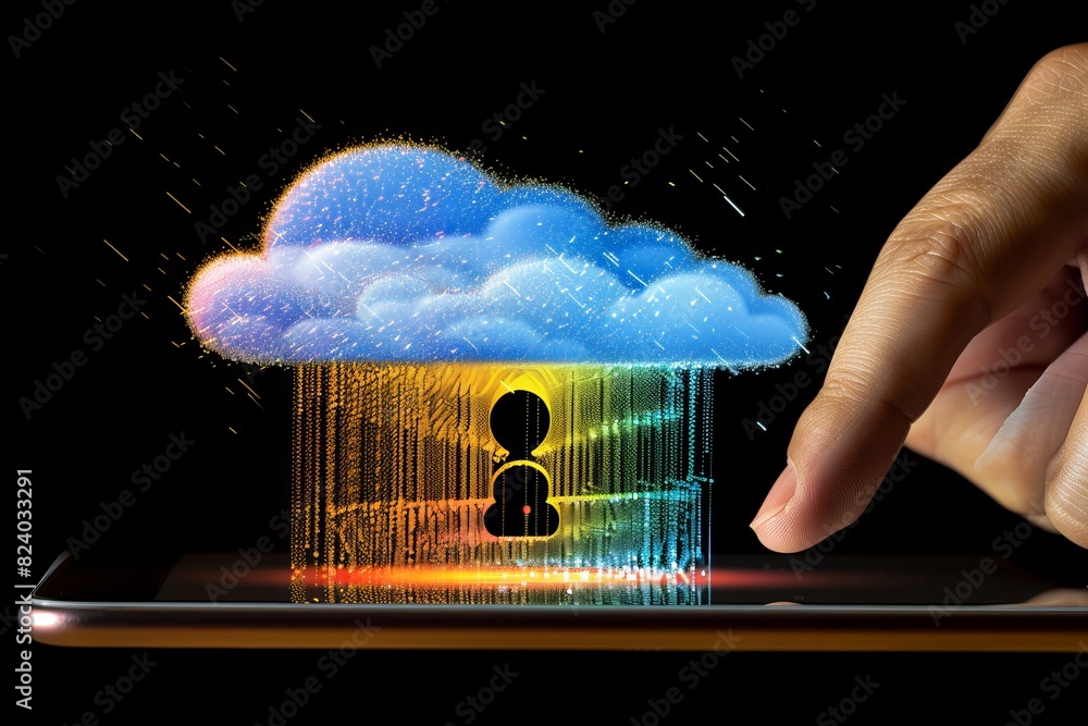 Poster hands presenting a digital cloud with a golden lock, illustrating secure cloud storage solutions and