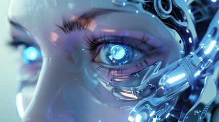 3d rendering futuristic cyborg face with virtual technology robotic display in her eyes. Generate AI