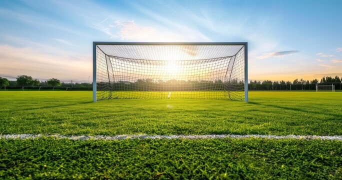 Pristine Soccer Field with Goal at Sunrise. 
A pristine soccer field with a goal, captured at sunrise, featuring lush green grass and a clear blue sky.