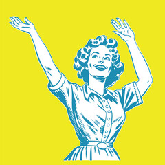 retro cartoon illustration of a happy woman raising her hands