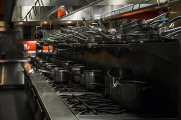 Naklejka premium Close up of stainless steel utensils - pots, pans, stoves. cooking equipment in a restaurant kitchen. Training equipment for student chefs, cooks. 