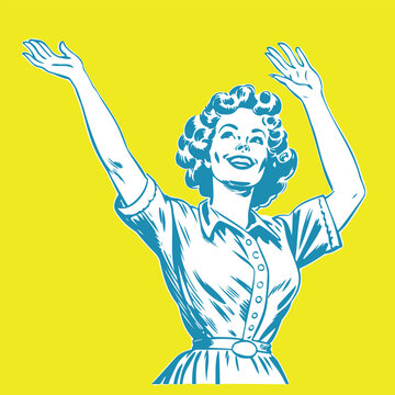 retro cartoon illustration of a happy woman raising her hands