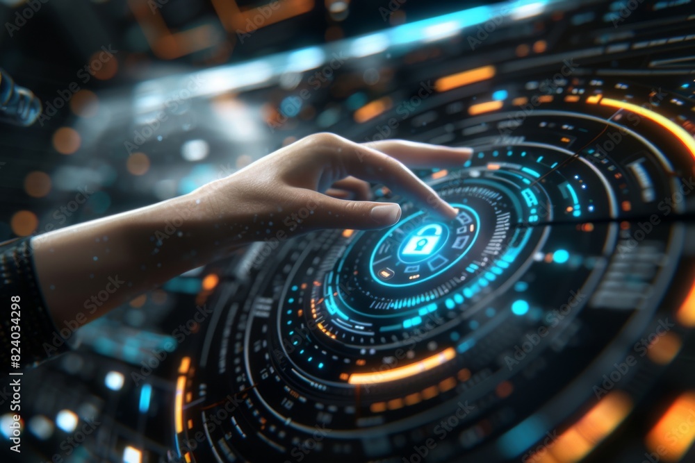 Poster hand interacting with a digital lock interface, showcasing advanced data protection and cybersecurit