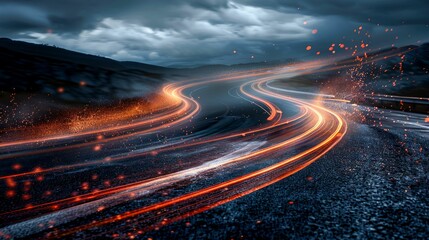 Sparks and Light Trails on a Wet Road. Generative ai