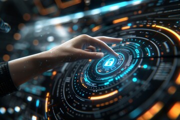 Hand interacting with a digital lock interface, showcasing advanced data protection and cybersecurity measures in a high-tech circular environment.