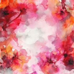 An abstract floral watercolor background with loose, fluid brushstrokes of reds, pinks, and oranges, blooming into shapes that suggest flowers in a sunlit garden.