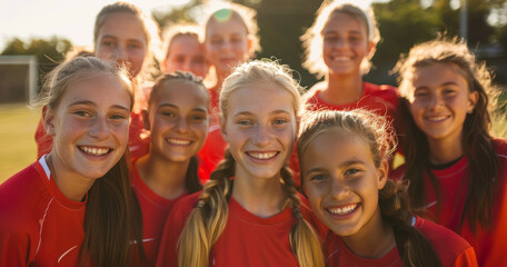Smiling Young Girls Soccer Team in Red Jerseys. 
Group of smiling young girls in red soccer jerseys...