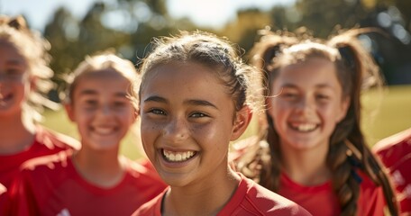 Obraz premium Smiling Young Girls Soccer Team in Red Jerseys. Group of smiling young girls in red soccer jerseys standing in a line on a sunny day, ready for their game.