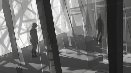 Fototapeta premium Monochrome depiction of silhouetted figures walking among imposing geometric structures, casting long shadows in a modern, minimalistic space.