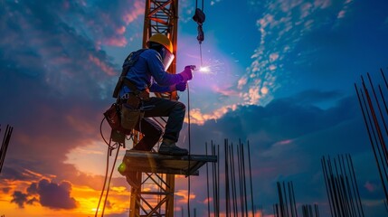 A welder perched high above the ground works on a construction project their welding torch acting as a beacon in the night.