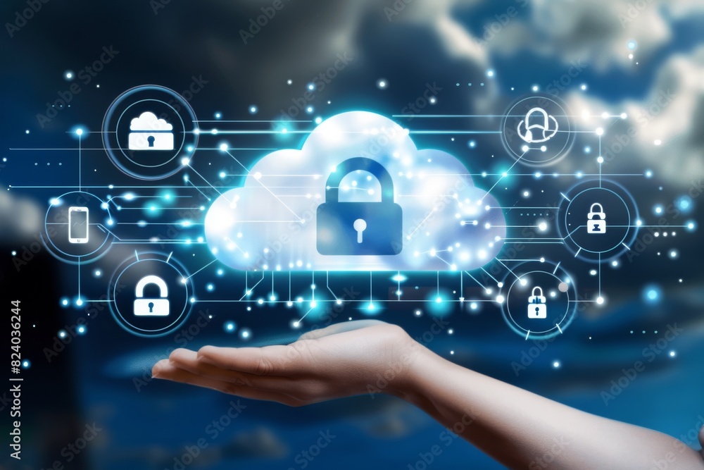 Poster hand presenting a glowing digital cloud with locks, symbolizing secure cloud technology and data pro