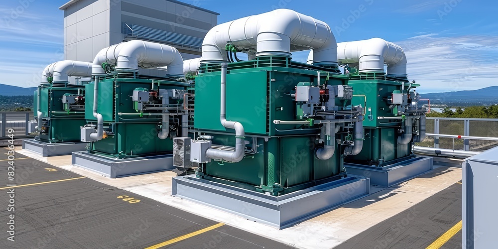 Poster modern industrial cooling system: advanced machinery and technology in a facility, highlighting the 