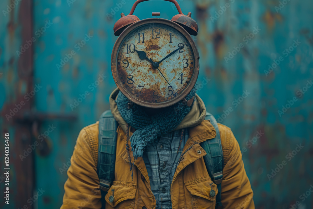 Poster a person with a clock face instead of a head. concept of time and surrealism. generative ai.
