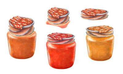 Apricot orange jam in an open glass jar is drawn in a realistic style. Watercolor illustration for design templates of sweet harvest, summer fruits, juices, canned food, marmalade and sweets