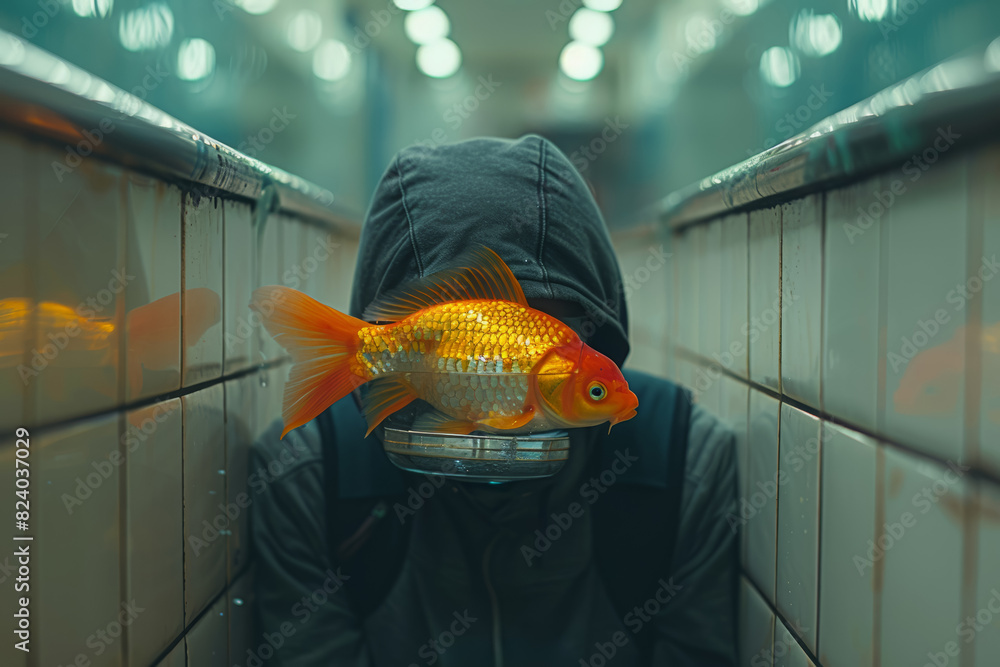 Poster a person with a fishbowl for a head. concept of isolation and introspection. generative ai.