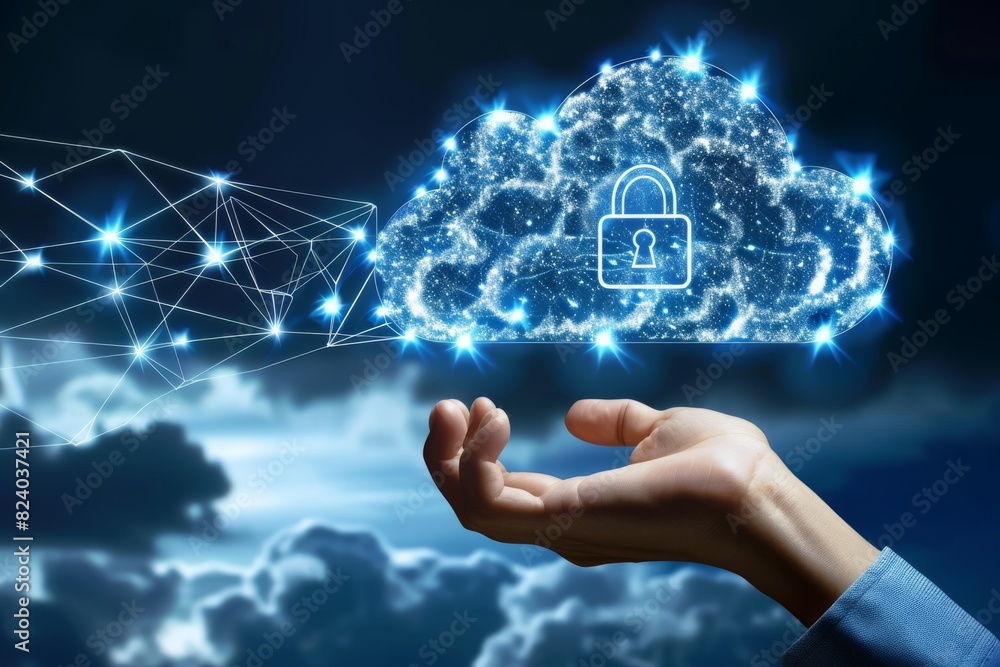 Poster hand presenting a digital cloud with a lock, emphasizing secure cloud technology and robust data pro