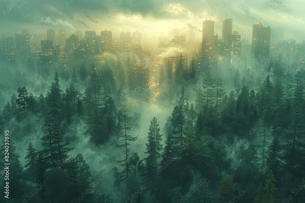 Poster a forest turning into a cityscape. concept of urbanization and progress. generative ai.