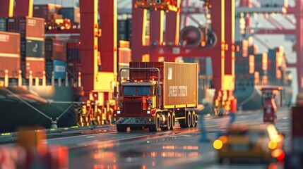 Fototapeta premium A closeup of a container truck in a ship port highlights the intricate process of logistics and transportation of container cargo