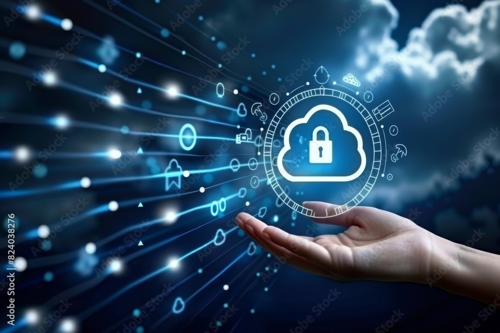 Poster hand interacting with a digital lock, illustrating comprehensive data protection and cloud security 