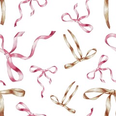 Watercolor illustration satin tape, ribbon, bow, seamless pattern. Perfect wedding stationary, greetings, fashion, background. For fabric textile design or Product packaging