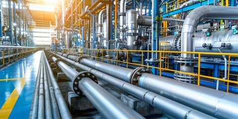 Industrial Pipes and Machinery: A Modern Factory Interior Showcasing Advanced Manufacturing Technology and Engineering, Highlighting the Efficiency and Scale of Industrial Production, Generative AI