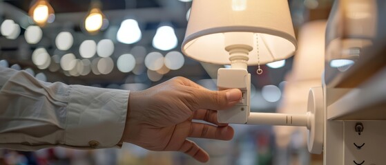 A closeup of a male hand pulling a light switch chain on a white lamp in a home decor store
