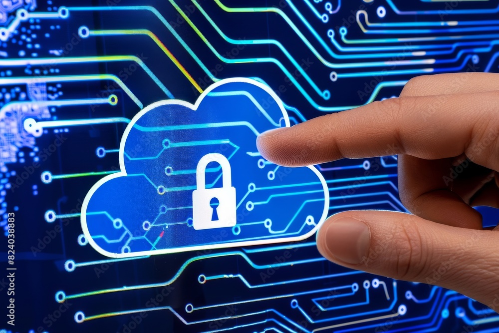 Poster hand interacting with a digital cloud lock interface, showcasing secure cloud technology and robust 