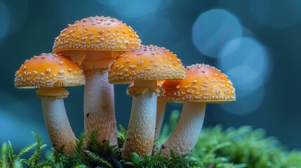 A family of porcini mushrooms resembling a friendly family. Still life with beautiful porcini mushrooms on moss in the forest, macro.