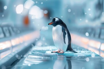 Obraz premium A closeup of a penguin sliding on a holographic ice surface in a futuristic Arctic environment