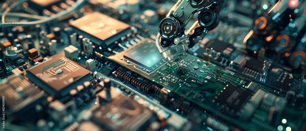 Poster a closeup of a robotic arm assembling a circuit board