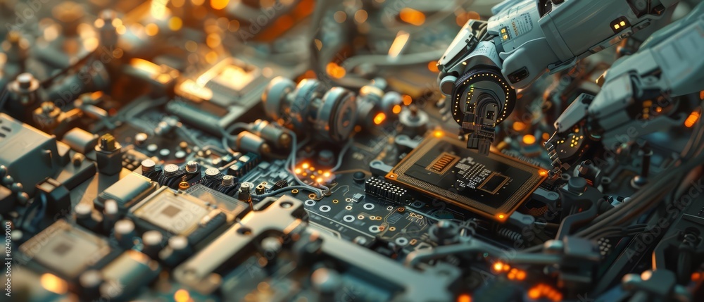 Poster a closeup of a robotic arm assembling a circuit board