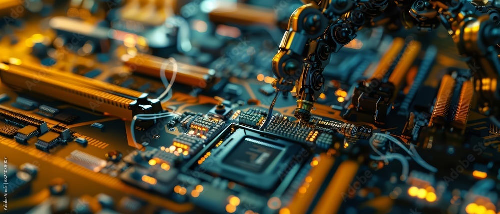 Poster a closeup of a robotic arm assembling a circuit board