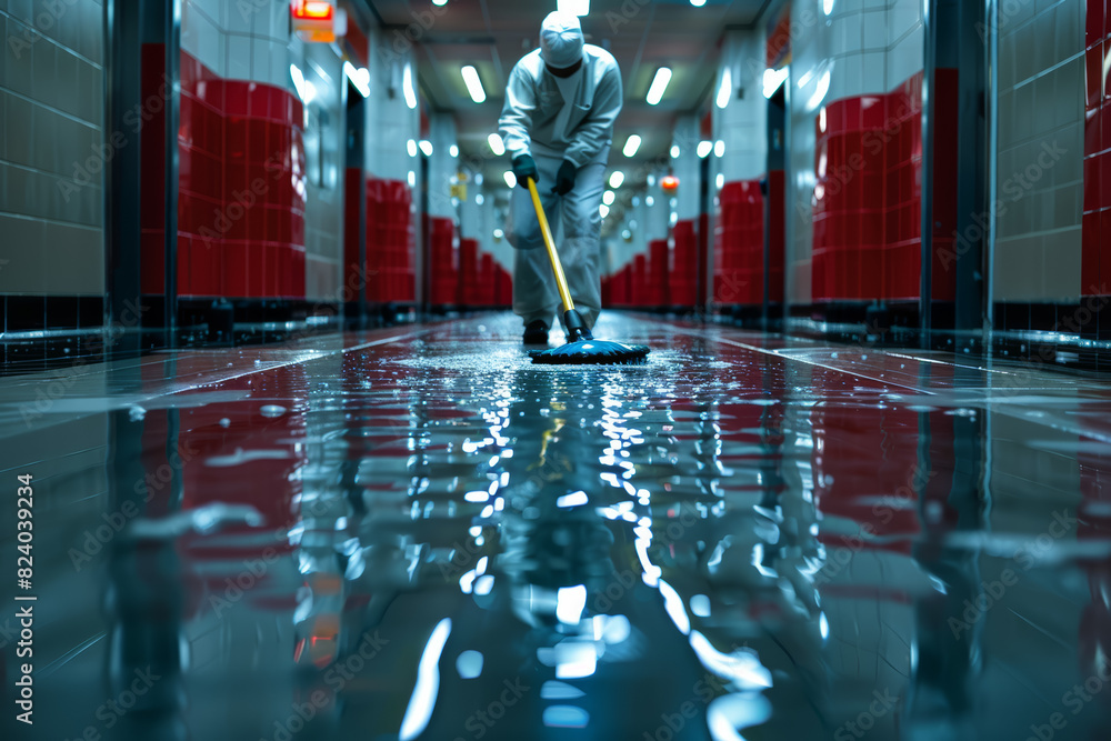 Poster a janitor mopping the floor of an empty hallway. concept of maintenance and cleanliness. generative 