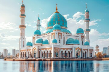 Beautiful mosque with blue domes reflecting in tranquil water - Powered by Adobe