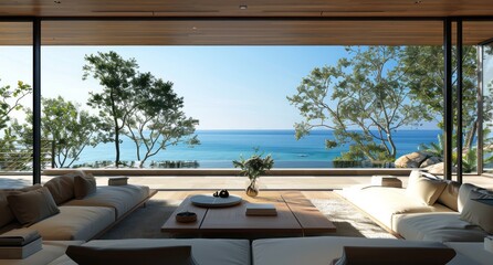 Fototapeta premium Design an interior rendering of the living room with floor-to-ceiling windows, a sofa and coffee table facing an outside sea view, wooden colored furniture