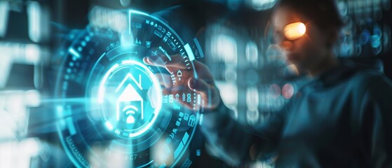 Obraz premium A closeup of an entrepreneur highlighting a digital home control icon