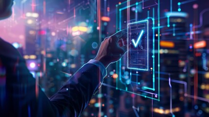 A closeup of an executive gesturing towards a digital checklist icon on a virtual screen