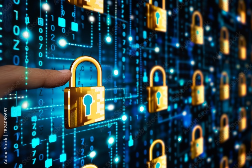 Poster hand pointing at a digital lock interface, illustrating advanced data protection and cloud security 