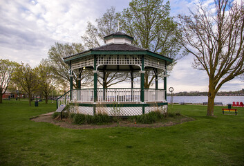View of Port Perry, Ontario, Canada  - town in southern Ontario, downtown streets view with historic buildings, business centers and entertainment. Canadian architecture. Evening, spring time 