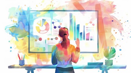 A kawaii watercolor of a marketing manager, enthusiastically presenting a creative campaign in a vibrant, futuristic office, Clipart isolated on white